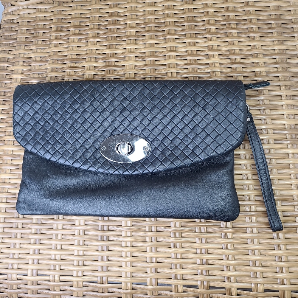 Borse In Pelle Bag Clutch Wristlet Woven Soft Leather Black Made In Italy